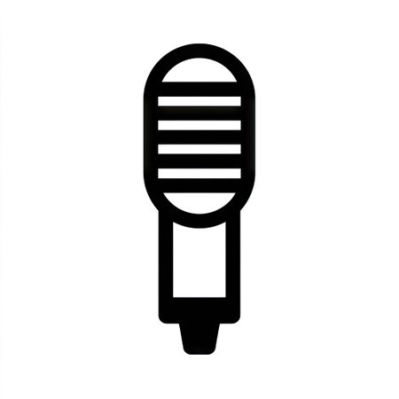 A minimalist black and white icon depicts a vintage microphone. The image displays a simple, line-art style with contrasting light and dark areas. This clean, graphic design could represent sound, recording, or broadcasting. Suitable for various projects, including websites, illustrations, or commercial use.の素材