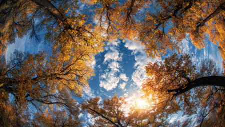 An upward perspective captures a forest canopy with trees displaying autumnal hues. The composition features a vibrant blue sky with scattered clouds, framed by golden and orange foliage. Warm sunlight filters through the branches. The image has potential for commercial and editorial applications, illustrating nature's beauty.の素材