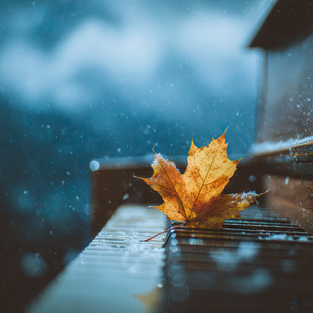 An autumn leaf sits atop piano keys, its texture contrasting with the smooth black and white surfaces. The blurred backdrop suggests a serene, outdoor setting with a blue-toned sky and softly falling snowflakes. This image may be suitable for artistic projects or editorial illustrations with a focus on seasons.の素材