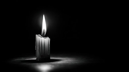 A close-up shot presents a single candle burning brightly against a completely black background. The flame emanates a warm glow, contrasting with the dark surroundings. The wax shows a textural element. The lighting creates a dramatic atmosphere. Suitable for conceptual illustrations or designs related to light and shadows.の素材
