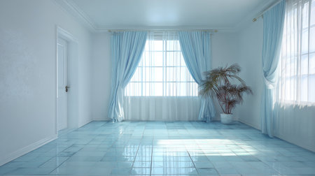 An interior shot features a bright room with pale blue walls and flooring. The large window is draped with flowing, light blue curtains, casting soft light across the space. A potted plant stands near the window. The overall composition suggests a clean and airy ambiance, suitable for various design, lifestyle, and home-related applications.の素材