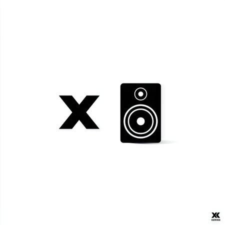 An illustration features a bold black icon of a loudspeaker accompanied by a letter X, set against a stark white background. The minimalist design utilizes geometric shapes and a flat style. This graphic could be used in design projects, advertising campaigns, or for digital content creation.の素材