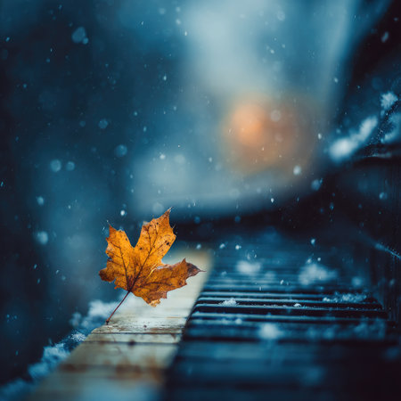 A vibrant orange autumn leaf rests on the black and white keys of a piano. The image displays a shallow depth of field, with soft focus creating a dreamy aesthetic. Snowflakes drift gently in the air, creating a serene, winter-like environment. The image is suitable for artistic, seasonal, or musical projects.の素材