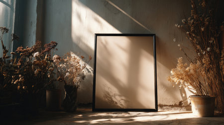 An empty picture frame rests against a wall, illuminated by natural sunlight. Dried flowers in vases and pots flank the frame, with a neutral color palette dominating the scene. The composition utilizes lighting and shadows, providing copy space. Suitable for various creative and promotional applications.の素材