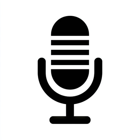 A simple black microphone icon is centered on a white backdrop. The design features a smooth, graphic style with clean lines. The high-contrast color scheme and isolated presentation are suitable for various design projects, including digital media and communication-related themes, for commercial and editorial applications.の素材