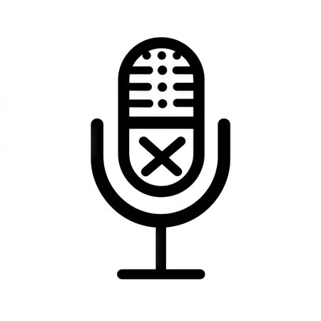 An isolated graphic features a black microphone icon, highlighting its shape and design. A prominent white X symbol is overlaid on the microphone. This stark, monochrome design is set against a clean white backdrop, creating a simple and graphic illustration suitable for diverse visual projects.の素材