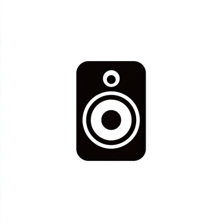 A simplified illustration depicts a speaker in black against a clean white background. The image features a rectangular shape with a central circular speaker element and a small circular top design. This minimalist design emphasizes the speaker, suitable for various commercial uses. The stark contrast creates a modern visual style for marketing and design materials.の素材