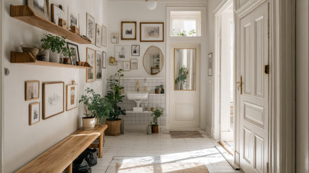 An interior shot showcases a well-lit hallway featuring wooden shelves adorned with framed pictures and plants. The scene is dominated by white walls, doors, and a tiled floor, contrasted by natural wood elements. The composition suggests a clean and inviting aesthetic suitable for various editorial and commercial applications.の素材