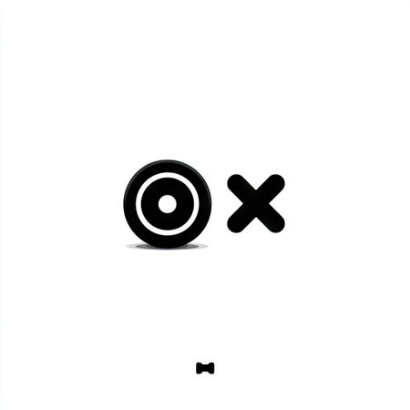 Two bold black symbols are arranged against a stark white backdrop. The circular symbol has a central hole. The contrasting shape is a cross. The composition suggests simplicity and minimalism. Suitable for abstract concepts or design elements, adaptable for various commercial applications.の素材