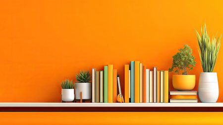 A row of books and potted plants sits on a white shelf against an orange wall. The composition uses bright colors and a clean, minimalist style. Various sizes and textures are present. The image may be suitable for illustrating topics related to interior design, home improvement, and lifestyle content.の素材
