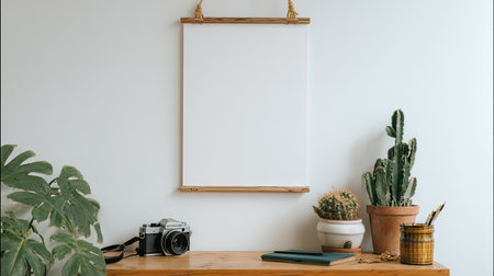 A wooden table displays a white, blank poster frame with a camera, potted plants, and office supplies. The composition features overhead lighting and natural colors. This image could be used for lifestyle blogs, home decor presentations, or design mockups. The setting appears to be indoors.の素材