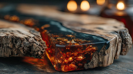 A close-up captures a wooden table section with resin. The wood presents a rough, textured surface, while the resin shows a glossy, translucent quality. Warm orange and yellow hues emanate from within the resin, contrasting with the dark wood. This composition, with its selective focus and natural lighting, would be appropriate for design or decorative projects.の素材