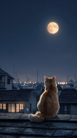 An orange cat is perched on a rooftop, observing a large full moon in a night sky. The scene is illuminated by soft, natural light, highlighting the cat's fur and the surrounding buildings. This image has potential uses for editorial illustrations or commercial content related to nature and animals.の素材