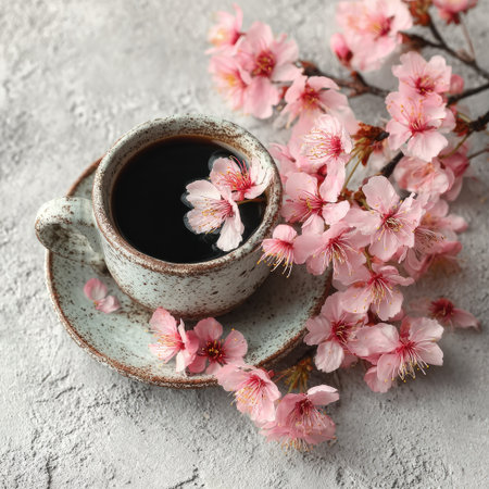 A close-up captures a ceramic coffee cup filled with a dark liquid, accompanied by delicate pink blossoms. The composition features a neutral-toned background, highlighting the soft petals and the cup's texture. This image could be suitable for visual content in various editorial contexts, including articles and social media.の素材