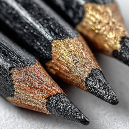This image features a close-up view of three pencils, showcasing their textures and details. The pencils display a mix of colors, including black, gold and brown, with a macro composition. The lighting appears soft, highlighting the textures. Suitable for illustrating education, design, or creative concepts.の素材