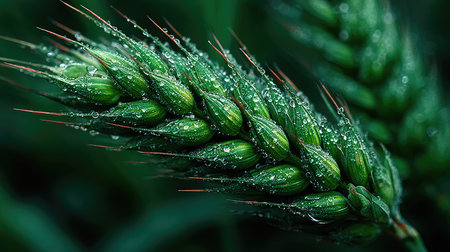 A detailed image presents a close-up of green wheat, showcasing water droplets. The composition emphasizes texture and natural color, set against a dark background. This photograph could be utilized for agricultural publications or commercial designs related to food and nature.の素材