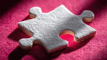 This image showcases a single jigsaw puzzle piece against a textured pink background. The piece is white with a rough surface, possibly made of cardboard or similar material. The composition features strong lighting and shadows. Suitable for illustrating concepts such as problem-solving or teamwork, and adaptable for various commercial applications.の素材