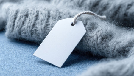 A close-up captures a soft, grey textile with a prominent, blank white tag. The material displays a textured, fluffy appearance. The lighting is soft, suggesting an indoor setting. This image may be suitable for illustrating product details, design elements, or commercial applications.の素材