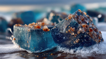 This image showcases several blue crystalline formations with a textured brown substance. The objects appear to be resting in water, with blurred backgrounds of water and light. The composition features a shallow depth of field. This photo may be suitable for various commercial uses and presentations.の素材