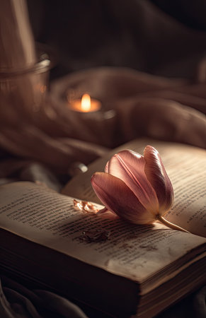 A close-up captures a delicate pink tulip resting on the pages of an open book. The composition features soft textures and warm lighting, enhanced by a blurred candle in the background. This image has potential uses in editorial projects or as a decorative visual, adding a touch of elegance and tranquility.の素材