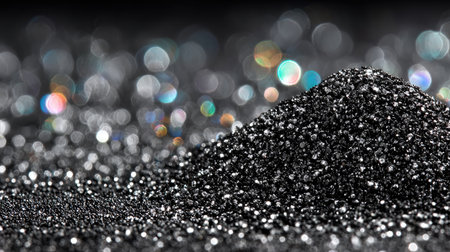 This image showcases a mound of shiny black glitter, set against a blurred background. The composition highlights the glitter's texture and reflective qualities, with bokeh adding depth. Suitable for visual concepts, it could be used in design projects, advertising campaigns, or for artistic purposes.の素材