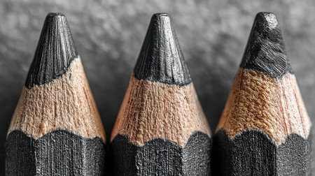 Three pencils are prominently displayed in a close-up shot, showcasing their sharpened graphite tips and wooden bodies. The composition highlights the pencils against a textured background. The image's details and neutral palette suggest potential uses for educational or illustrative purposes.の素材