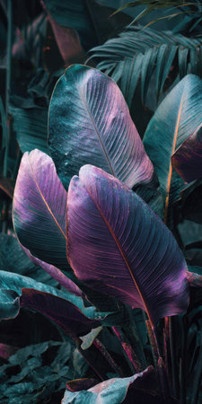 A close-up view showcases large leaves of a tropical plant, primarily featuring shades of purple and green. The leaves exhibit textured surfaces and natural patterns, set against a dark, blurred background. This image could be used for various commercial projects, including designs, illustrations, and decorative purposes.の素材