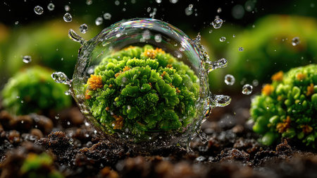 An artistic close-up reveals a water droplet bursting over a vibrant green plant. The image highlights the textures and color contrasts between the water, plant life, and surrounding earth. It employs bright lighting, suggesting an outdoor setting. Suitable for various editorial and commercial applications.の素材