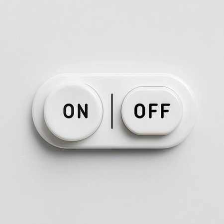 A close-up shot presents an on-off switch with clear, bold lettering against a plain backdrop. The switch features a smooth, white surface and a minimalist design. This image emphasizes simplicity and functionality. Suitable for diverse applications, including illustrating technology and controls for various commercial uses.の素材