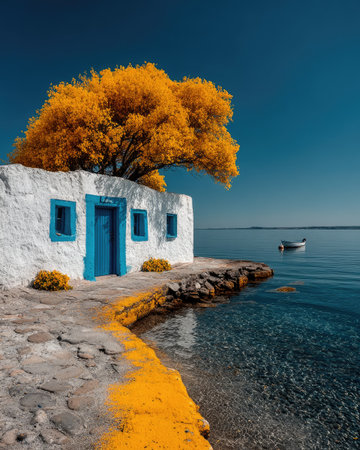 A quaint coastal cottage, painted white with azure blue accents, sits by tranquil waters. A large tree with golden foliage overhangs the structure, providing shade. The composition emphasizes the contrast of colors and textures in a bright daylight setting. This image is suitable for various commercial purposes, including travel and lifestyle content.の素材
