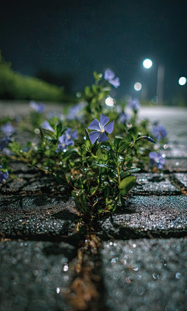 This image showcases delicate purple flowers emerging from a crack in a textured stone surface. The composition highlights the flowers' vibrant color against a dark backdrop. The scene suggests an outdoor environment under artificial lighting, offering potential for various commercial and illustrative applications.の素材