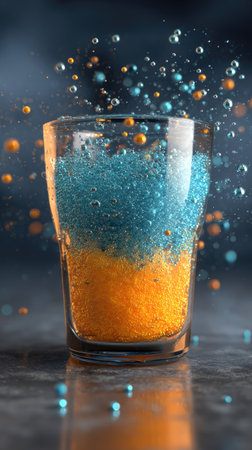 A glass contains two distinct layers of colorful liquid, blue and orange, with numerous bubbles erupting. The composition emphasizes the contrast of the colors and textures. The lighting provides a sense of depth, with soft illumination. This image is suitable for various commercial purposes, including advertising and editorial content.の素材