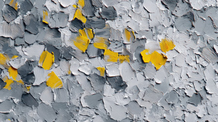 This abstract artwork features a textured surface created with visible brushstrokes of gray, white, and yellow colors. The composition presents an overall impression of visual depth and movement. It could be suitable for various commercial purposes, including website backgrounds, print media, or graphic design projects, providing an artistic aesthetic.の素材