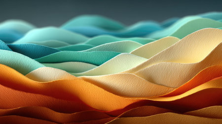 This image features abstract layered waves in shades of orange, yellow, turquoise, and blue. The composition suggests a landscape or natural environment with a soft, gradient lighting effect. The style is modern and graphic, suitable for commercial projects, presentations, and design applications.の素材