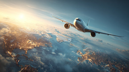 An airplane soars above a partially visible planet, likely Earth, amidst clouds. The scene is bathed in the warm hues of a sunset or sunrise, suggesting a time of transition. The composition uses a low angle with dramatic lighting. Suitable for use in a range of editorial and commercial applications.の素材