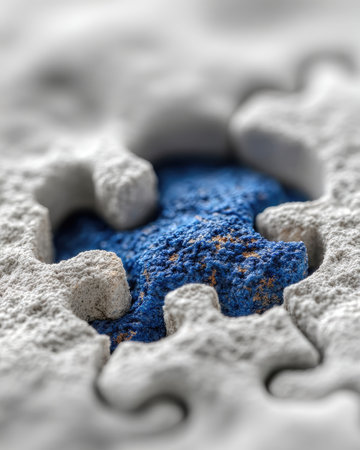 An abstract macro image presents a blue textured piece integrated within a gray puzzle-like structure. The composition displays a selective focus with soft lighting, accentuating the details. This image is suitable for various editorial and commercial applications, including concepts related to problem-solving and unity.の素材