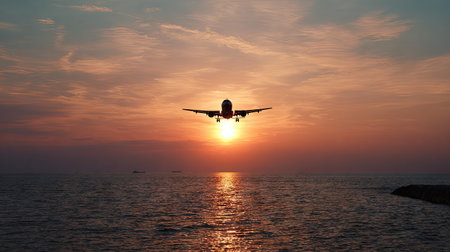An airplane silhouette is captured against a vibrant sunset over the ocean. The image features warm colors, with an orange and red sky contrasting with the dark outline of the aircraft. The composition suggests a sense of travel and adventure, suitable for various commercial uses.の素材