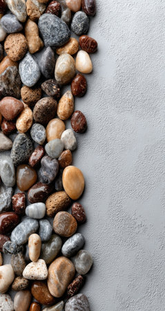 A close-up shot showcases an arrangement of smooth, colorful pebbles along the edge of a textured, neutral-toned surface. The pebbles display a variety of natural colors and shapes. This composition, with its neutral background and tactile qualities, offers versatile appeal suitable for diverse commercial applications.の素材