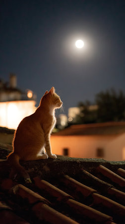 A ginger cat sits atop a tiled rooftop, gazing towards a bright full moon in a deep blue night sky. The scene is illuminated by the moon, creating a silhouette of the cat. The image conveys a sense of tranquility and could be used for various commercial or editorial purposes.の素材
