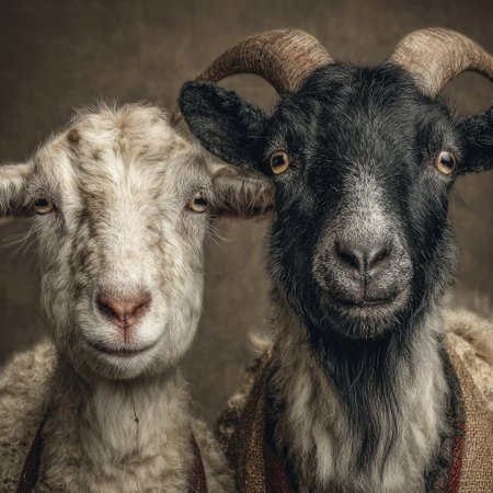 Two goats are presented in a detailed, close-up composition. One goat is black, the other white. They are set against a neutral, warm background, the image showing textured fur and facial features. The lighting is soft and even, highlighting the animals. This image could be used for various projects.の素材