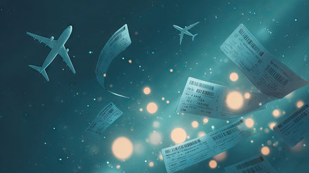 This image features several airplanes and floating tickets against a teal background with bokeh lights. The composition is dreamy, suggesting concepts of travel and flight. The lighting creates a soft atmosphere. It could be used in advertising, websites, or editorial content related to vacations and air travel experiences.の素材