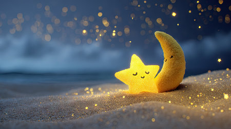 An illuminated crescent moon and star character rest on a sandy surface, with softly glowing lights in the background. The scene is likely set at night, with a dreamy, ethereal feel. This image could be used for various projects, including illustrations, children's media, and design elements.の素材