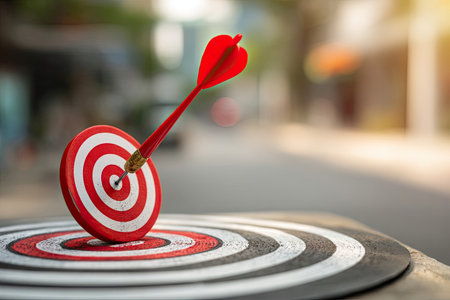 A red dart sticks in the center of a target, showcasing achievement. The image features sharp focus on the object, with a shallow depth of field. The circular composition, with contrasting red and white rings, emphasizes a central theme. This visual has potential uses across various commercial and editorial applications.の素材