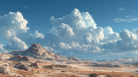 An expansive desert terrain stretches towards the horizon, dominated by arid land and distant mountain formations. Fluffy, white clouds adorn the upper portion of the frame against a vibrant blue sky. This panoramic view suggests an outdoor environment, possibly ideal for environmental or travel-themed promotional content.の素材