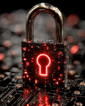 A close-up view presents a digital padlock, illuminated with a red glow emanating from its keyhole, set against a blurred circuit board background. The image features a shallow depth of field, emphasizing the padlock's textured surface and highlighting a network of electronic components. The visual concept could be used for technology, security or protection themes.の素材