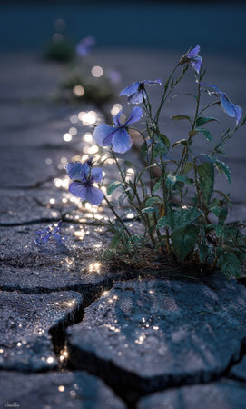 Close-up captures vibrant blue flowers pushing through cracked, textured ground. The scene is illuminated by soft, diffused light, possibly from the setting sun, enhancing the colors. Ideal for visual concepts concerning resilience, growth, and natural beauty. Suitable for diverse commercial and editorial purposes.の素材