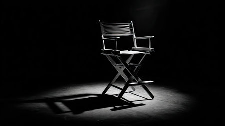 A wooden director's chair stands prominently against a dark background, illuminated by a spotlight. The image showcases the chair's design, featuring a foldable frame and slatted seat. The monochromatic palette creates a dramatic ambiance, suggesting a theatrical or film production setting. Potential uses include editorial illustrations or conceptual design projects.の素材