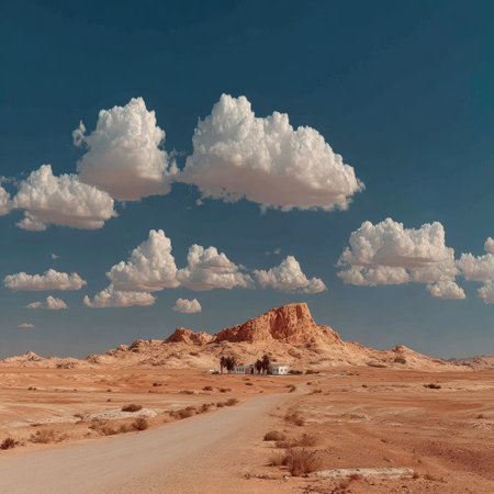 A vast desert scene displays a sunlit mountain range with a clear blue sky filled with fluffy white clouds. The composition features a pathway leading towards the distant mountains. The warm color palette and bright lighting create a serene and spacious atmosphere suitable for various visual projects.の素材