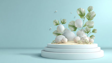 A 3D rendering showcases seashells and leafy branches arranged on a white, tiered platform. The composition is set against a soft, light-blue background, emphasizing the delicate details. The lighting suggests a bright environment. Suitable for various creative projects, including digital art and promotional materials.の素材