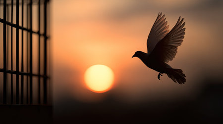 A dove breaks free from a cage, soaring against a vibrant sunset. Warm orange hues illuminate the scene, contrasting with the bird's silhouette. The composition suggests freedom and hope, suitable for various editorial and commercial applications. The image utilizes natural lighting creating a dramatic effect.の素材